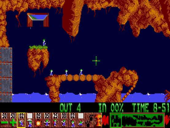 Lemmings - Book Club version - Level Tricky/21.
Screenshot from the Amiga version.