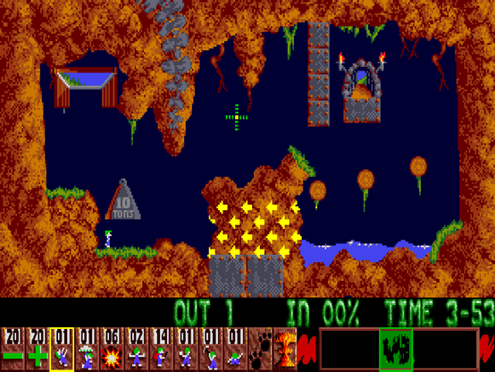 Lemmings - Book Club version - Level Taxing/20.
Screenshot from the Amiga version.