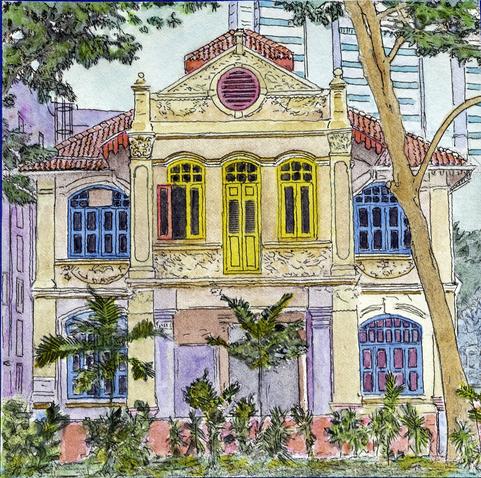 Watercolor of colorful Singapore building