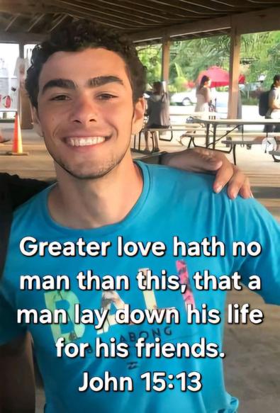 John 15:13
"Greater love hath no man than this, that a man lay down his life for his friends."

This text is displayed over a picture of Luigi Mangione.