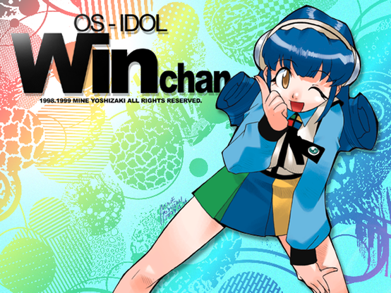 An anime-style character named OSIDOL Win-chan. Win-chan has blue hair and is wearing a blue and white outfit with a green, blue, yellow skirt. She is winking and pointing up with her right hand which is resting on her face. The background is colorful with various abstract patterns in shades of green, blue, yellow, and red. The text "OS-IDOL Win-chan" is prominently displayed, along with the copyright notice "1998.1999 Mine Yoshizaki All Rights Reserved."
