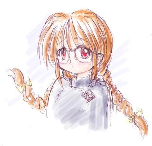 Art of Solaris-Chan with orange hair in two braids, a white shirt with the SUN logo on it, red eyes and round glasses