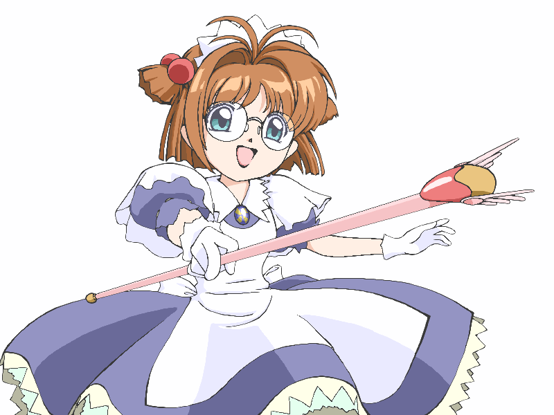 Art of Wintel Miku with large, expressive eyes and glasses. She has light brown hair tied with red hair accessories and is wearing a white and blue dress with puffed sleeves and a collar. She is holding a long, pink staff with a red and yellow ornament at the end with wings on it