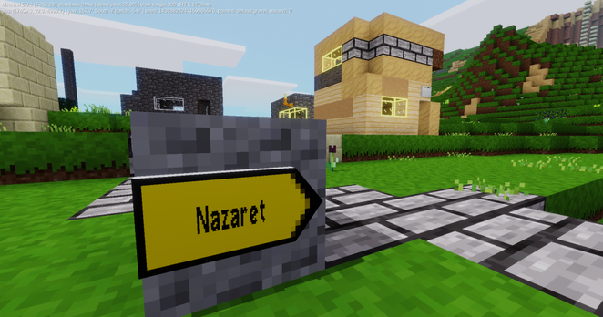 Straßenschild Nazaret mit Minetest-Haus im Hintergrund