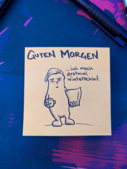 Der officebear steht mit Schlafmütze auf dem Kopf und Kissen unterm Arm da und verkündet, dass er jetzt erstmal Winterschlaf macht.