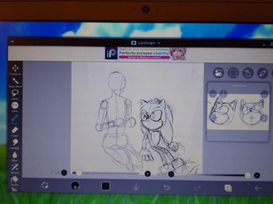 Uncolored WIP sketch in IbisPaintX, showing Sonic and Elise sitting together, with Sonic looking at an object in Elise's hands that hasn't been drawn yet.