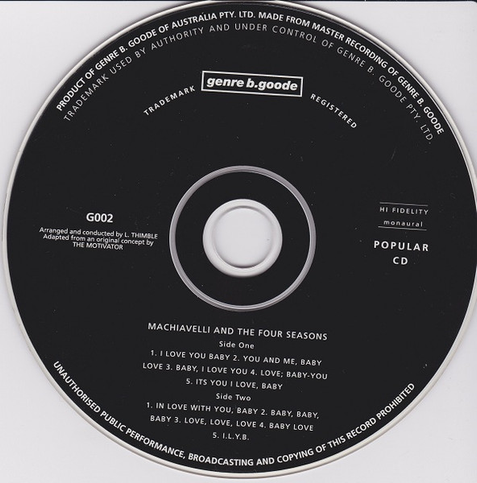 A black CD by TISM but deliberately labelled as being by "Machiavelli and the Four Seasons" with a track listing that reads:

Side One:
1. I Love You Baby
2. You and Me, Baby Love
3. Baby, I Love You
4. Love: Baby-You
5. It's You I Love, Baby

Side Two:
1. In Love With You, Baby
2. Baby, Baby, Baby
3. Love, Love, Love
4. Baby Love
5. I.L.Y.B.

They're also in all-caps, which I opted to spare you from :-)