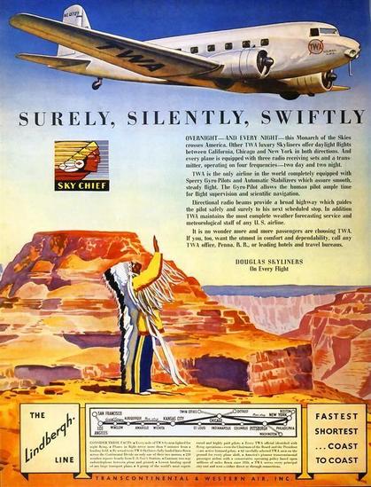 Plane flys above the Grand Canyon. You see all the beautiful colors of the desert. A Native American Chief waves to the plane.