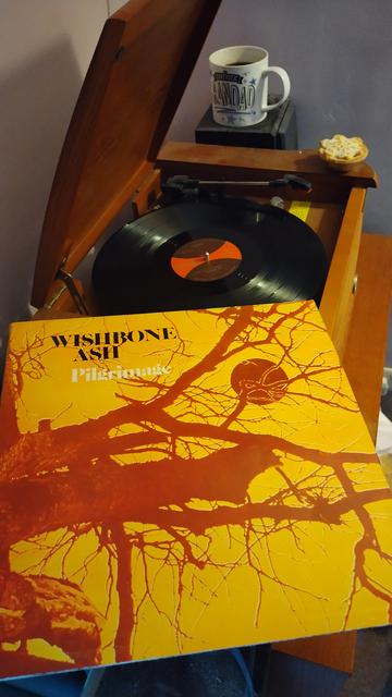 Record player with a 12" black vinyl record. In the foreground is an album cover showing tree branches and a disc (the moon?) silhouetted against a golden sky. Behind the player is a mug of coffee on a speaker. A mince pie sits on the corner of the player.