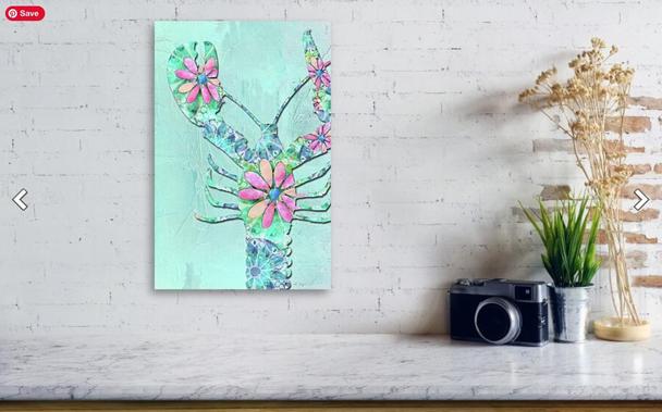 Colorful lobster in blue, aqua and pink.  Big daisies on the body.  by artist Sharon Cummings.