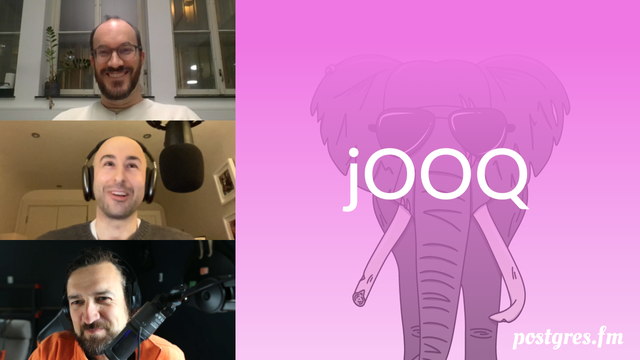 Pictures of Lukas, Michael, and Nikolay mid-recording, the episode title "jOOQ", against a pink backround with an elephant wearing sunglasses.