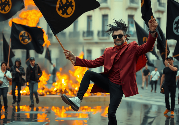 A wildly dancing blac bloc androgynous anarchist, while a revolution is happening in the background. Black flags