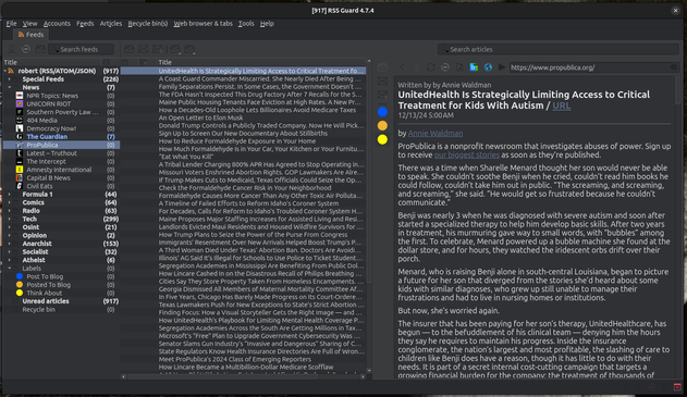 Picture of the RSS Guard interface with the news feed for ProPublica selected.