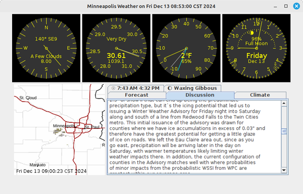 Snippet of the Area Forecast Discussion as displayed in a screenshot of a graphical weather station display:

"it`s the icing potential that led us to issuing a Winter Weather Advisory for Friday night into Saturday along and south of a line from Redwood Falls to the Twin Cities metro. This initial issuance of the advisory was drawn for counties where we have ice accumulations in excess of 0.03" and therefore have the greatest potential for getting a little glaze of ice on roads. We left the Eau Claire area out, since as you go east, precipitation will be arriving later in the day on Saturday, with warmer temperatures likely limiting winter weather impacts there."
