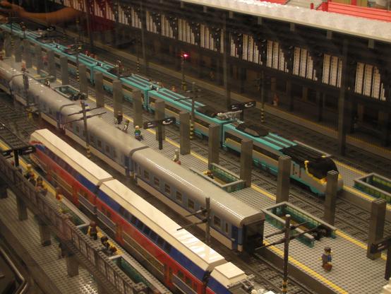 A lego miniature depicting the Prague main station hall with some tracks and trains visible such as operated by Česke Dráhy for example.