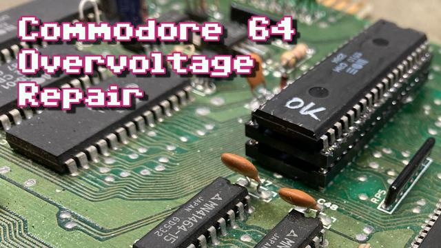 Thumbnail for my video. A closeup of the region around the processor on a C64 ASSY 250469 board with the processor soldered into an extra socket and labelled as "OK". The overlayed text reads "Commodore 64 Overvoltage Repair".