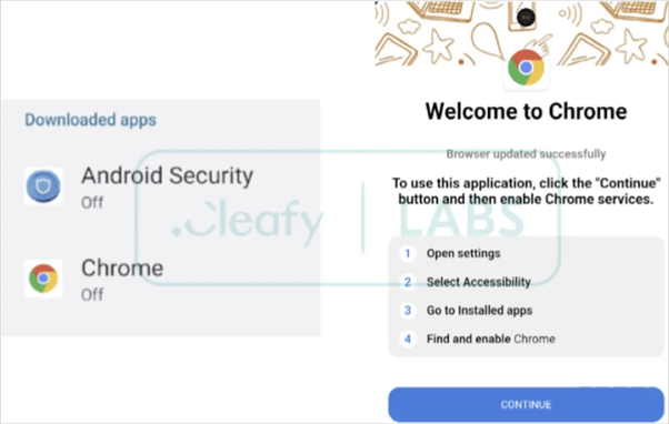 [ImageSource: Cleafy.com]

DroidBot's masking Apps.

DroidBot is often masqueraded as Google Chrome, Google Play store, or 'Android Security' as a way to trick users into installing the malicious app. However, in all cases, it acts as a trojan attempting to steal sensitive information from apps.

A key aspect of DroidBot's operation is the abuse of Android's Accessibility Services to monitor user actions and simulate swipes and taps on behalf of the malware. Therefore, if you install an app that requests strange permissions, like the Accessibility Services, you should immediately become suspicious and deny the request.

Among the 77 apps DroidBot attempts to steal credentials, some standouts include Binance, KuCoin, BBVA, Unicredit, Santander, Metamask, BNP Paribas, Credit Agricole, Kraken and Garanti BBVA.

[⚠️To mitigate this threat, Android users are advised to only download apps from Google Play, scrutinize permission requests upon installation, and make sure Play Protect is active on their devices.⚠️]
