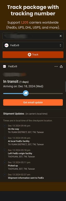 Versand-Tracking Seite eines Paketes. Versendet wird mit FedEx. In der unteren Bildhälfte stehen Versanddetails des Weges bis zum Ziel. Ausgangsland ist Taiwan.