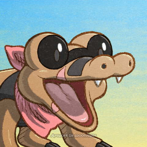 Digitally-handmade portrait artwork of an original character based on the Sandile Pokémon, wearing a pink bandana scarf and facing forward towards the right side of the image at a 3/4 angle with a pleasantly amazed facial expression, on a blue-to-yellow gradient background.