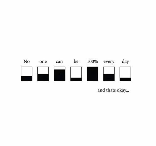 A photo with different blocks all filled with different levels of ink, symbolizing energy. 
It reads: 
No one will be 100% every day,
and that's okay.