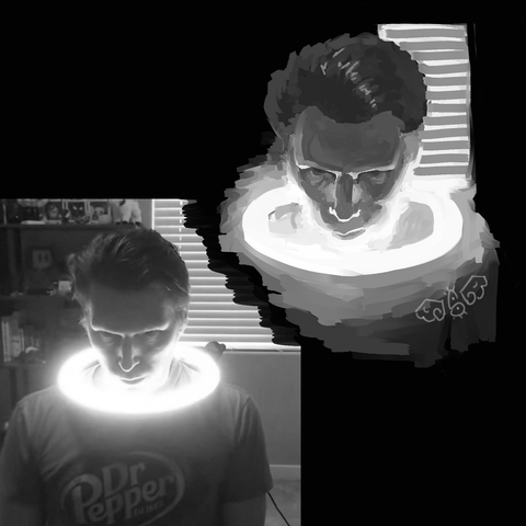 A black and white value study of a screenshot from the infamous jerma985 stream where he got a ring-light stuck on his head.