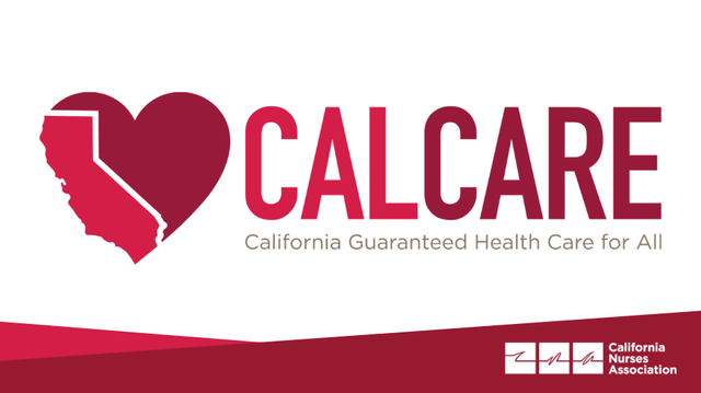 CalCare logo with the state of California outlined in a red heart by the California Nurses Association