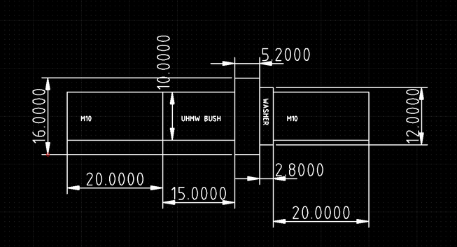 A diagram of a component to be made in a lathe. It starts with a 16mm piece of bar stock (a rod). At the start, is a 20mm section of M10 thread. This goes to an 10mm diameter unthreaded section for 15mm (where a UHMW bush will go), which then flares out to the 16mm diameter for another 5.2 mm. There is then a 2.8mm wide 12mm diameter section for a washer to slip over (this will stop the suspension bush from sliding off), then back to an M10 thread for another 20mm.