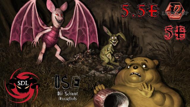 A very rotund Winnie the Pooh with a look of horror holding an empty honey pot, with a fiendish Piglet in the air behind him and a deranged-looking Rabbit in the background. Several logos and symbols around the image declare that it's for the following tabletop RPGs: 5E, 5.5E, Level Up, SDL (Shadow of the Demon Lord), and OSE (Old School Essentials).
