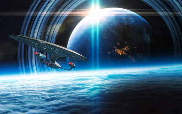 Description by ChatGPT: The image is a stunning 3D sci-fi render inspired by Star Trek: The Next Generation. In the foreground, the iconic starship USS Enterprise-D glides gracefully through space. Its sleek, saucer-shaped hull gleams under the light of a nearby celestial body, and its distinct nacelles glow with red and blue energy, capturing the ship's futuristic propulsion design.

The backdrop is dominated by a massive ringed planet, possibly Saturn-like, with vibrant blue hues and dramatic lighting effects. The planet's surface is partially visible, illuminated by streaks of sunlight breaking over its horizon, while city lights glitter faintly on the shadowed side, suggesting advanced civilizations below. The planet's intricate system of rings arcs across the image, adding depth and scale to the scene.

Beneath the Enterprise, thick layers of blue-tinted clouds stretch across the frame, suggesting an atmospheric perspective or a nearby moon. The scene is filled with a sense of exploration and grandeur, reflecting the Starfleet mission of discovery and adventure in the vastness of space. The composition brilliantly balances realism and sci-fi aesthetics, emphasizing the beauty and mystery of the universe.