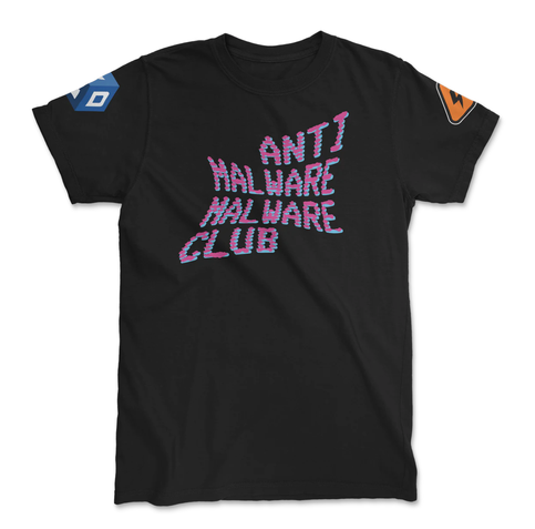 A black t-shirt with the words ANTIMALWARE MALWARE CLUB printed on it in distorted cyan and magenta text, with the SecureDrop and Dangerzone logos partially visible on the sleeves.