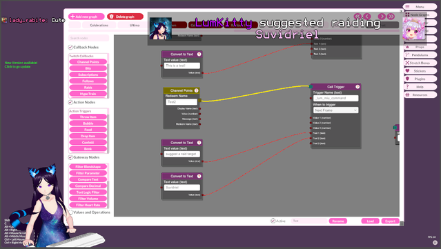 Screenshot of a Twitch stream, showing the VNyan node builder. A trigger named _lum_miu_command is called with the inputs "Suggest a raid target" and "Suvidriel" This has caused an overlay to appear that says "LumKitty suggested raiding Suvidriel" with both Lum's and Suvi's profile pics
