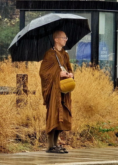 On alms, trying to stay dry (unsuccessfully).