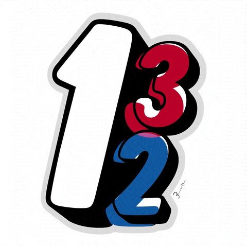 a large white number one stands to the left of a smaller red number three, which is stacked on top of a blue number two. each number is extruded. the three and two are stacked the full height of the number one