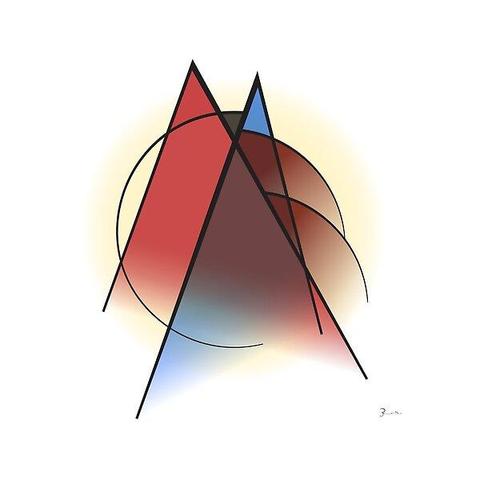 modernist artwork made of overlapping thin black lines that spell ACAB. colors fill each letter: A [red]; C [pale yellow]; A [blue]; B [reddish brown]. the point where the letters overlap is a black triangle.