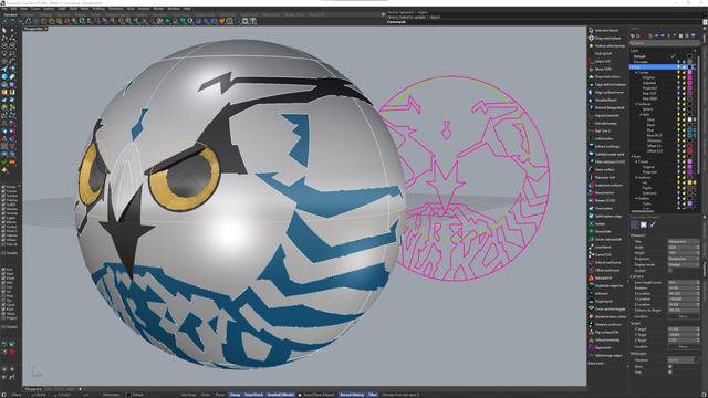 Everything was modeled in nurbs in Rhino. Overkill, but this is the software I’m the most comfortable with. Line art was extracted from photo references and tweaked to project nicely onto the sphere. Eyes and beak was also modeled here.