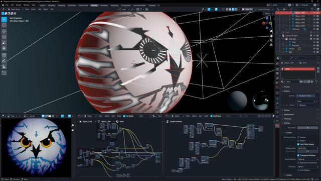 Finally everything ended up in Blender. Only procedural textures were used save for the displacement of the blue graphics, which had to be unwrapped and exported into a photo editing software to add blur, which was then fed back into a displacement modifier.