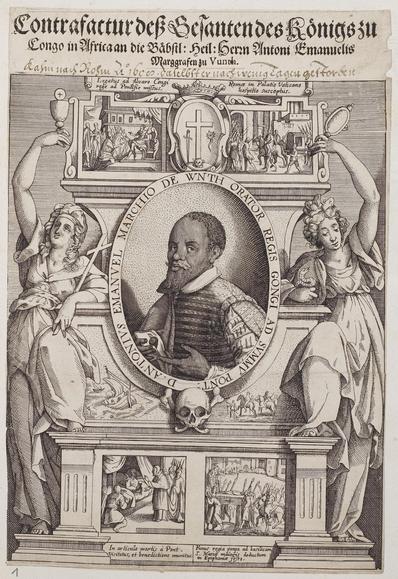 17th century copper engraving depicting a black man in European clothes.