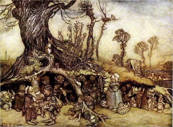 illustration of market of little people/goblins under big tree,