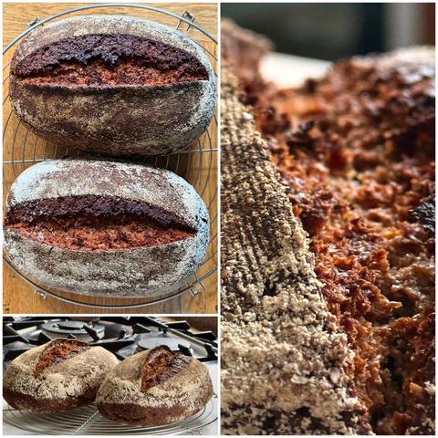 Triptychon aus drei Bildern. Sie zeigen zwei frisch gebackene Roggenbrote auf einem Abkühlgitter. Die Brote sind rustikal, dunkelbraun und haben eine knusprige Kruste mit einem tiefen, gut geformten Einschnitt auf der Oberseite. Eine Nahaufnahme hebt die Textur der Kruste an der aufgebrochenen Stelle hervor.