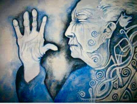 A painting of the Cailleach Behera by Chloe Opal. A powerful old woman painted in woad is shown in tones of blue