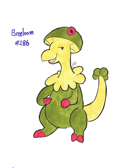 Scanned image of an illustration of Breeloom. It was coloured with Ohuhu alcohol markers.