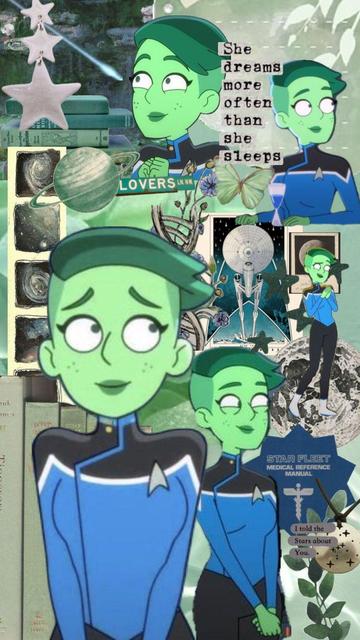 Digital collage of images of D'Vana Tendi against light green and blue images related to of space, stars, books, ships, planets, the Star Fleet medical manual and the quote "She dreams more often than she sleeps"