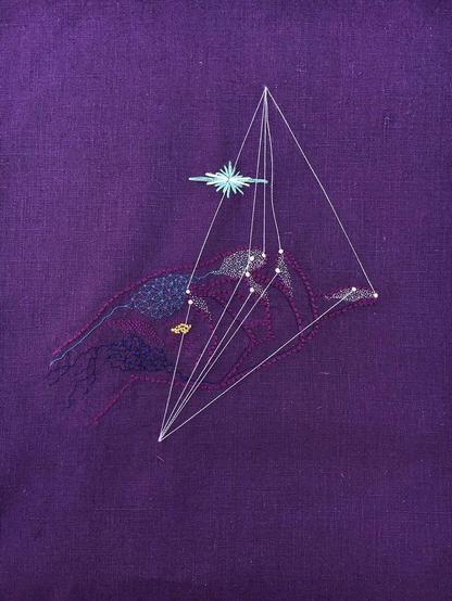 push, pull, & tingle (2018)

An embroidery on deep purple linen. There is a purple outline of a feminine right hand from the side, palm up, fingers curled slightly inward. There are many tiny white French knots covering the fingertips and light blue, gold, and navy French knots on parts of the palm. There are fine filigree lines connecting many of the French knots and white strands of thread strung from each fingertip to an apex above the hand. There is a starburst floating above the palm in white and light blue.