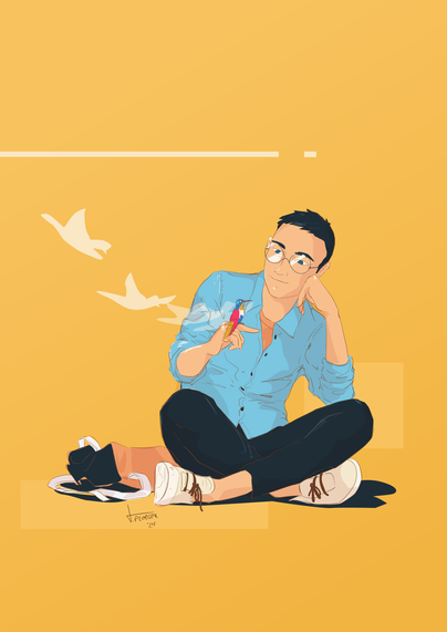 Man sitting down with abird flying in on his hand.