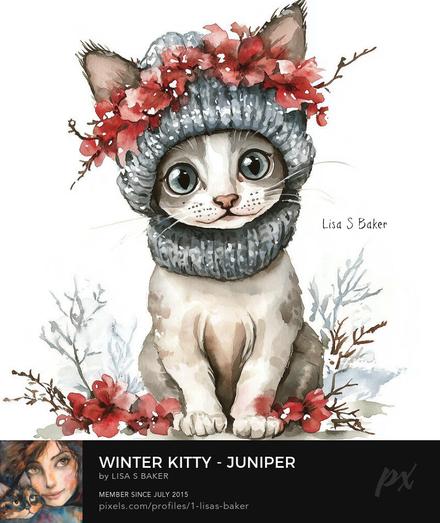A watercolor mixed media art piece of a cute cat wearing a stocking cap with red flowers. Art by Lisa S Baker.