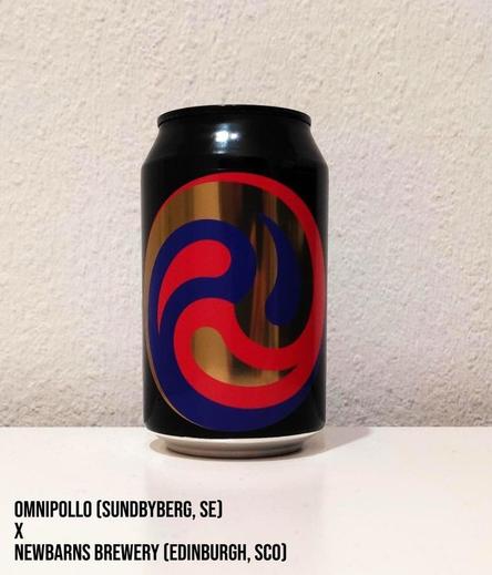 A black 330 ml can with a Quasi-Asian symbol in gold, blue, and red.