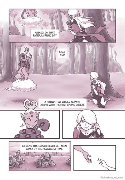 The second page of a comic about Cogita and Enamorus. 

Enamorus appears behind Cogita in her Incarnate Forme. The two look at each other and smile. Their hands reach out for each other. 

The narration on this page reads, “And so, on that fateful spring day, I met you. A friend that would always arrive with the first spring breeze. A friend that could never be taken away by the passage of time.”