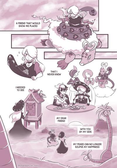 The third page of a comic about Cogita and Enamorus. 

Cogita, filled with wonder and excitement, flies through the sky on the back of Enamorus in her Therian Forme. There is a small compilation of little moments from their adventures together: Cogita finding her iconic hat, sharing a meal with Diantha’s ancestor in Kalos, visiting Celebi’s shrine in the Ilex Forest, and watching the sunset on an Alolan beach.

The narration on this page reads, “A friend that would show me places that I never knew I needed to see. My dear friend, with you by my side, my fears can no longer eclipse my happiness.”