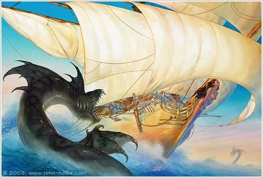 Illustration der Vivacia und einer Sea Serpent aus Hobbs Reihe von John Howe, 2003.