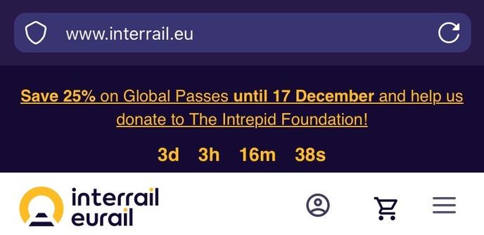 Screenshot of interail.eu offering to save 25% on global passes until December 17th